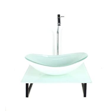 Imagem de KIT CUBA DE VIDRO OVAL 10MM COM TAMPO DE VIDRO 40CM X 40CM BRANCO FULL E SUPORTE TORNEIRA VALVULA