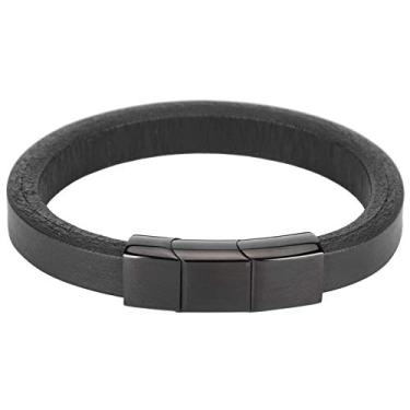 Imagem de ZPSHYD Pulseira de couro genuíno com fecho magnético, pulseira vintage simples decoração de mão hip hop para homens pulseira de pulso presentes (preto)