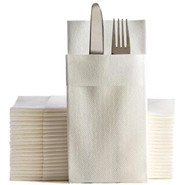 Imagem de Guardanapos de jantar, como com bolso embutido para talheres, guardanapos de mão de papel descartáveis com toque de linho para cozinha, banheiro, festas, casamentos, jantares ou eventos, pacote com 50..., Branco, 16x16, 50