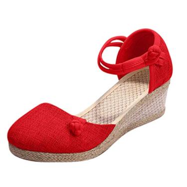 Imagem de Sandálias femininas retrô linho lona cunha bico redondo casual sapatos únicos sandálias plataforma femininas dedo do pé fechado (vermelho, 7)