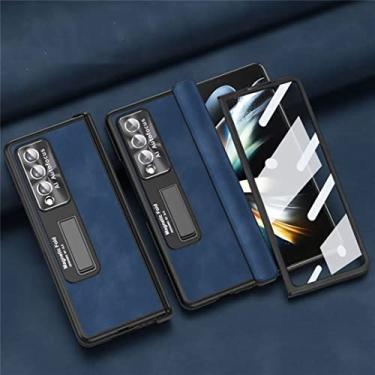 Imagem de FIRSTPELLA Capa compatível com Samsung Z Fold 3, capa traseira de couro de luxo com moldura de lente de textura de CD de metal e lente de vidro, capa de telefone com proteção de dobradiça magnética azul