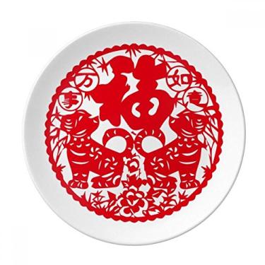 Imagem de Prato de corte de papel de cachorro de ano novo chinês decorativo de porcelana Salver louças de jantar