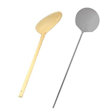 Imagem de Kit Pá Remo Pizza Madeira + Pá Aço Inox Com Cabo Grande