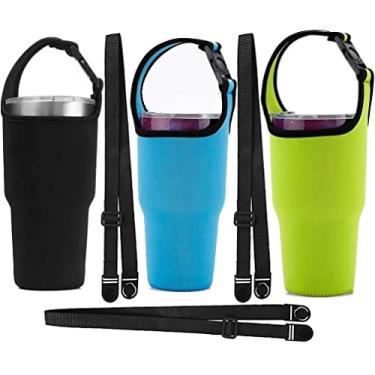 Imagem de PackTumbler 30 oz Portador de bolsa com alça de ombro para YETI, Rtic, Atlin, Ozark Trail, Rambler 30 oz Copo de café isolado, manga de neoprene com alça de transporte - preto azul verde