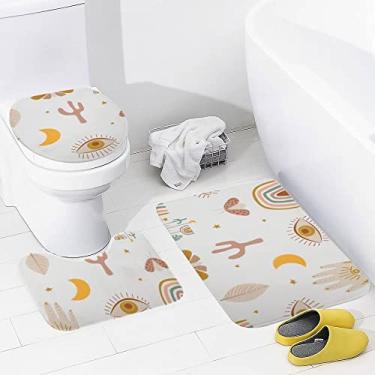 Imagem de Conjunto de tapetes de banheiro 3 peças Boho Tribal Eyes Cactus Stars Motif Tapete de banheiro lavável Tapete antiderrapante Tapete de contorno e tampa para banheiro