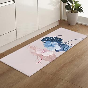 Imagem de Savannan Tapetes e tapetes de corredor 1 peça, arte abstrata folhas de flores de hibisco plantas tropicais rosa azul antiderrapante, tapete de cozinha absorvente, tapete de porta interno com pontos de