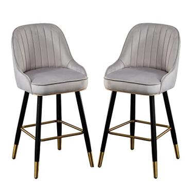 Imagem de Cadeiras de jantar cadeiras de sala de jantar elegantes bancos de bar conjunto de 2 cadeiras de balcão de cozinha de veludo com encosto, cadeiras de bar de café da manhã bancos altos para cozinha ilha/bar doméstico, rosa/verde/azul/cinza claro/amarelo
