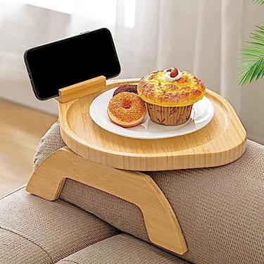 Imagem de Bandeja de braço de sofá de bambu com clipe de mesa lateral de sofá e bandeja de braço de sofá, bandeja dobrável para sofá com suporte de telefone giratório de 360°, mesa de apoio de braço para comer/bebidas/lanches no sofá