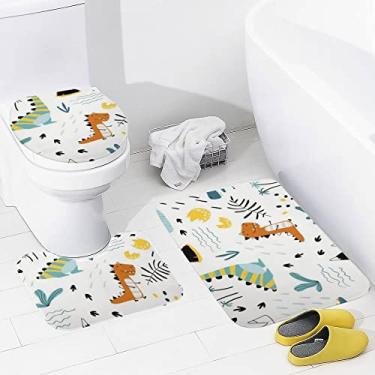 Imagem de Conjunto de tapetes de banheiro 3 peças de dinossauros variados, palmeiras, tapete de banheiro lavável, antiderrapante, tapete de contorno e tampa para banheiro