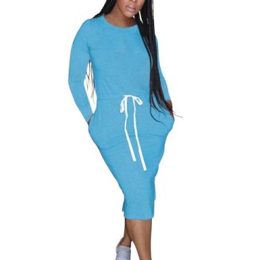 Imagem de UIFLQXX Vestido clássico simples casual cor sólida manga longa cintura vestido com fenda na coxa casual bolsos soltos vestido longo, Azul-celeste, P