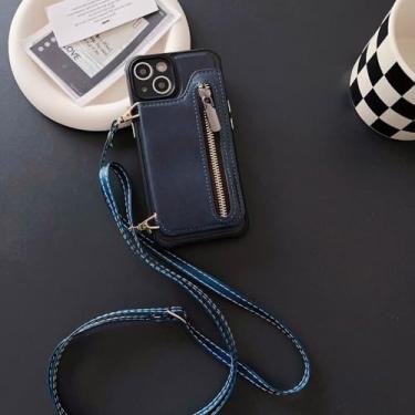 Imagem de Capa de telefone de couro tipo carteira com zíper crossbody para iPhone 14 13 12 11 Pro Max com suporte de cartão capa à prova de choque de plástico rígido, azul, para iPhone 12Pro Max
