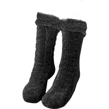 Imagem de IFFANY Meias femininas fofas, meias térmicas de Natal, meias de cama, meias de inverno confortáveis macias grossas felpudas antiderrapantes, Preto, One Size