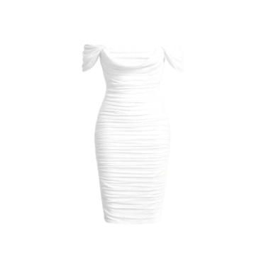 Imagem de Camisa Feminina Off Shoulder Ruched Mesh Bodycon Dress (Color : White, Size : X-Small)