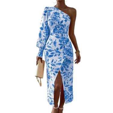 Imagem de Camisa Feminina Floral Print One Shoulder Wrap Hem Dress (Color : Blue and White, Size : L)