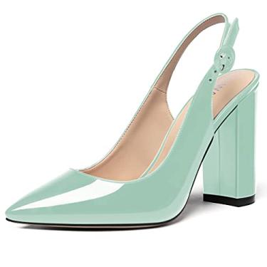 Imagem de WAYDERNS Sapatos femininos de couro envernizado bico fino tira no tornozelo salto alto bloco sapatos sexy vestido de casamento 4 polegadas, Turquesa, 10.5