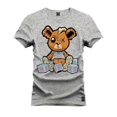 Imagem de Camiseta Plus Size Casual 100% Algodão Estampada Urso Marrom Boladinho Cinza G4
