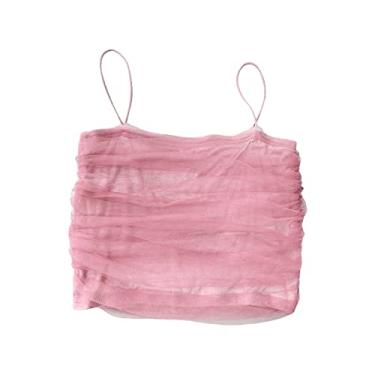 Imagem de Camiseta infantil de tule de malha para meninas, camiseta de verão, mistura de algodão, sutiã fino de cor doce, rosa, 4-5 Anos