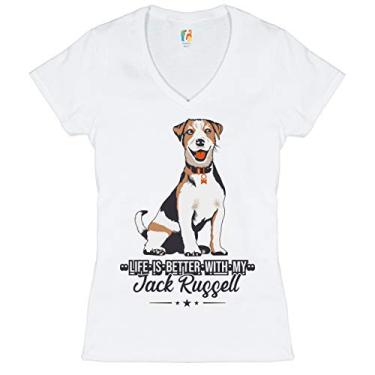 Imagem de Camiseta feminina Life is Better with My Jack Russell gola V para cães pequenos, Branco, XG