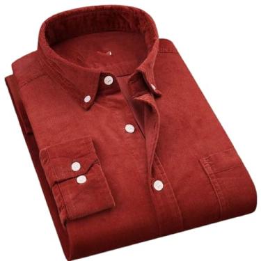 Imagem de Camisa de veludo cotelê de algodão manga longa masculina roupas casuais abotoadas outono inverno camisas quentes, Vermelho, PP