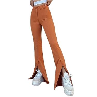 Imagem de Calça feminina flare folgada cintura alta para relaxar verão algodão jeans calça social ajuste solto, Laranja, G