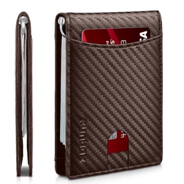 Imagem de Carteira masculina fina com clipe de dinheiro com bloqueio de RFID, 11 porta-cartões, minimalista, pequena, fina, de couro de carbono, dobrável e dobrável, caixa de presente, Carbon Coffee-11