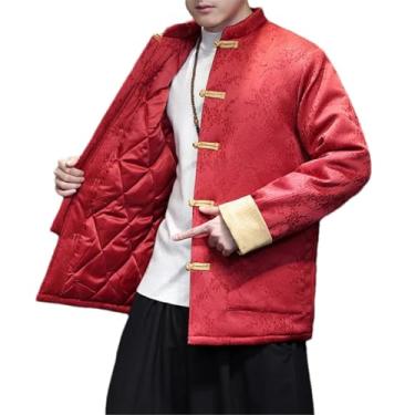 Imagem de Eesuei Jaqueta masculina estampada retrô estilo chinês vermelho acolchoado cor contrastante Hanfu Festival Jaqueta acolchoada de algodão, Vermelho, G