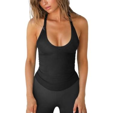 Imagem de Camiseta regata feminina costas nadador para ioga, academia, treino, justa, sexy, com nervuras, sem mangas, Preto, M