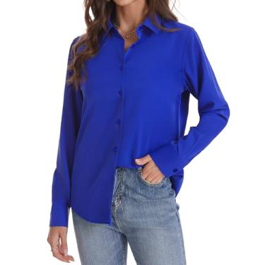 Imagem de J.VER Camisa feminina de botão manga longa sem rugas leve de chiffon sólido blusa de trabalho, Azul royal, P