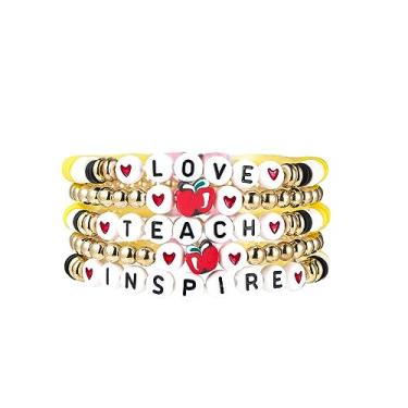 Imagem de Pulseiras Empilháveis de Apreciação de Professores Coloridas Solf Clay Love Teach Inspire Letras Contas Pulseiras Ajustáveis Doces Professores Presentes para Mulheres, Metal, Miçangas