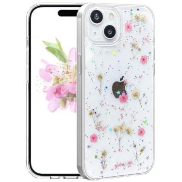 Imagem de CEOKOK Capas transparentes para iPhone 13/iPhone 14 com flores prensadas de verdade com design de estrelas brilhantes brilhantes reais secas rosa floral fino macio TPU protetor à prova de choque