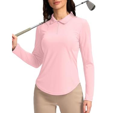 Imagem de Camisas polo femininas manga longa FPS 50+ camisas de proteção UV leves de secagem rápida camisas frescas para mulheres golfe trabalho ao ar livre, rosa, M