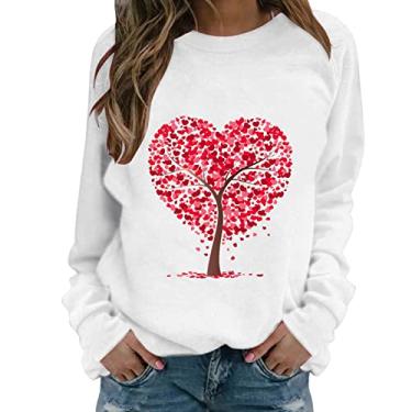 Imagem de Suéter feminino Love Heart Dia dos Namorados. Camiseta com estampa de carta de amor gola redonda pulôver solto manga longa, Branco, G