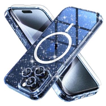 Imagem de Choiche Capa magnética para iPhone 15 Pro, capa feminina brilhante com glitter transparente, [3 protetores de lente de câmera diamante] [2 películas de vidro temperado] [MagSafe compatível] (azul purpurino)