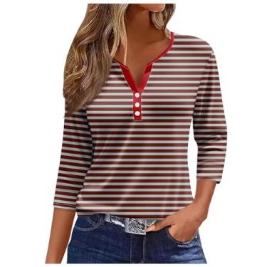 Imagem de Camisetas femininas de manga 3/4 de comprimento com botões e gola Henley Plus Size, camisetas com estampa floral, Ofertas relâmpago vermelho melancia, G