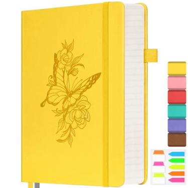 Imagem de Caderno forrado para mulheres, 312 páginas numeradas, diário de couro grosso A5, diário de papel de 100 g/m² para trabalho, viagens, caderno pautado na faculdade, caderno floral de borboleta, amarelo