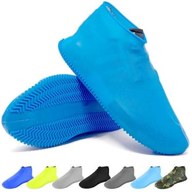 Imagem de BAYI – Capa de sapato impermeável antiderrapante, de silicone, sem cadarço, de borracha, capa de chuva, botas de borracha duráveis e reutilizáveis, capa de sapatos de borracha multiuso e não tóxico (médio, azul)