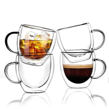 Imagem de Copos isolados de parede dupla KitchenTour 170 g com alça conjunto de 4 - Conjunto de canecas de vidro pequeno para máquina de café e café - Presente de copos de demitasse para café, latte, cappuccino, leite, amante de suco