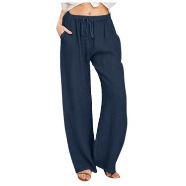 Imagem de Calça feminina de verão 2024 cintura elástica plus size lisa boho linho para mulheres plus size, 086-azul-marinho, G