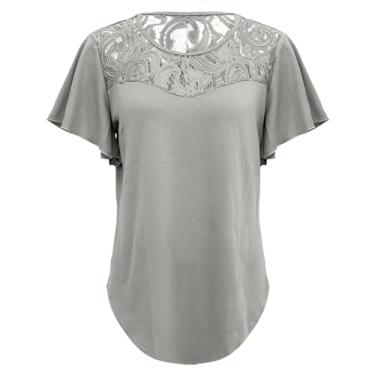 Imagem de New Summer Women's Clothing Camiseta feminina cor sólida malha emenda babados manga curta grande camiseta feminina, Cinza, GG