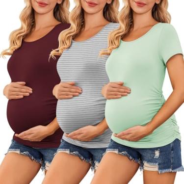 Imagem de Ekouaer Camisetas femininas maternidade pacote com 3 camisetas laterais franzidas para gravidez túnica túnica roupas casuais para mamãe P-2GG, 3 peças - vermelho vinho + listra cinza + verde menta, P