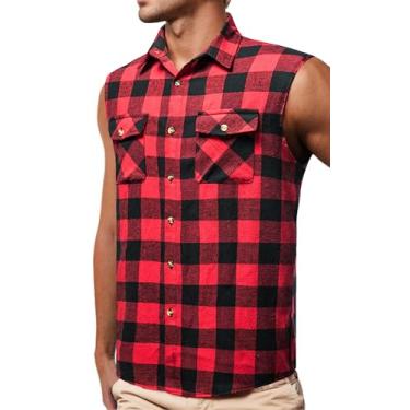 Imagem de Panegy Camisetas masculinas xadrez, sem mangas, gola de lapela, casual, camisetas de botão com borda crua, Vermelho largo e preto, M