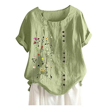 Imagem de Blusas femininas de linho de algodão 2024 casuais de verão de manga curta solta gola redonda blusas elegantes vintage, Verde - B, XXG