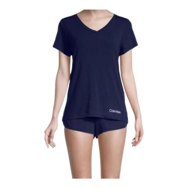 Imagem de Calvin Klein Conjunto de camiseta e shorts femininos confortáveis com decote em V, Litorânea, P