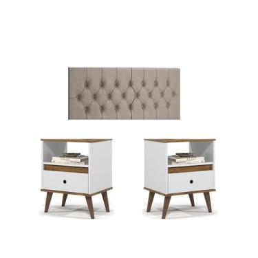 Imagem de Kit Cabeceira Bege 1,40 Casal com 2 Mesa De Caebeceira Branca Quarto Cama