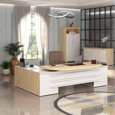 Imagem de Conjunto Executivo Mesa Tamburato Presidente Armário com nicho e Balcão com Gavetas Carvalho/Branco