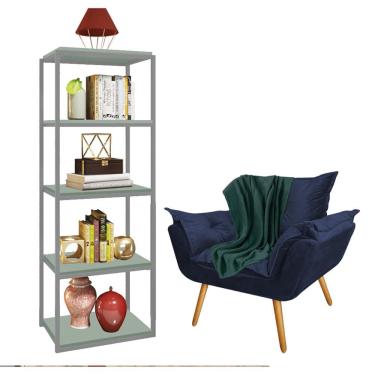 Imagem de Kit Poltrona Fatte com Manta Soft Verde e Estante Livreiro Ferro Cinza MDF Verde Oliva Suede Azul Marinho - Ahz Móveis