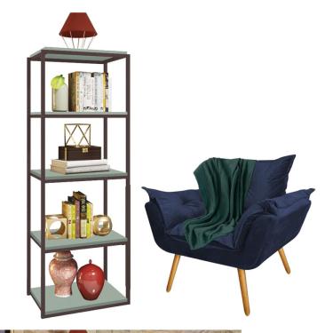 Imagem de Kit Poltrona Fatte com Manta Soft Verde e Estante Livreiro Ferro Marrom MDF Verde Oliva Suede Azul Marinho - Ahz Móveis