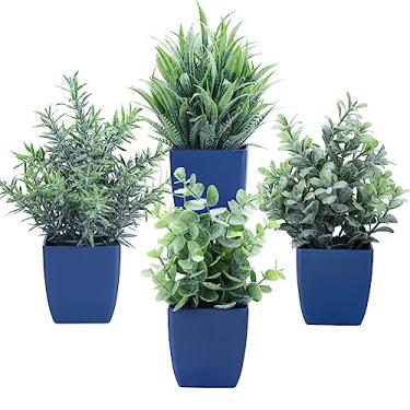 Imagem de summer flower Conjunto de 4 plantas falsas em vaso, pequeno vaso de eucalipto artificial, mini samambaias de grama de trigo, vegetação sintética para casa, escritório, mesa, banheiro, decoração de