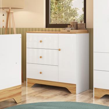Imagem de Cômoda 1 Porta 3 Gavetas Bên Móveis Peroba - Branco Brilho/Amendoa