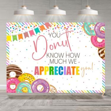 Imagem de Rsuuinu Pano de fundo temático Thank You Donut Know How Much We Appreciate You Colorful Photography Background Donut Theme Donut Decor Supplies Cake Table Banner Photobooth Studio Adereços 2,1 x 1,5 m